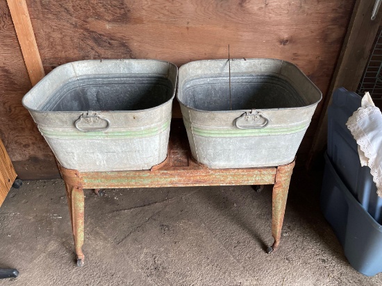 2 Metal wash tubs and stand