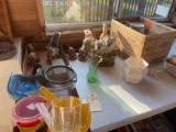 Misc. tupperware, rabbit figurines, dogs, green depression flower vase