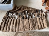 Embassy silver plate silverware in roll up cloth, silver plated trays, etc.... Shipping.