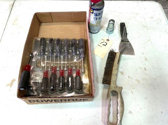12 pc. SAE and Metric nut driver set (new), steel brush, WD 40, battery cable cleaner.... Shipping
