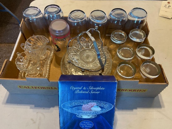 various glasses, jelly dish and small cream and sugar set with glass case This Lot has no Shipping .