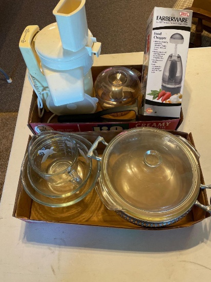 Measuring bowls, Fireking, glass casserole dish, food chopper, food processor