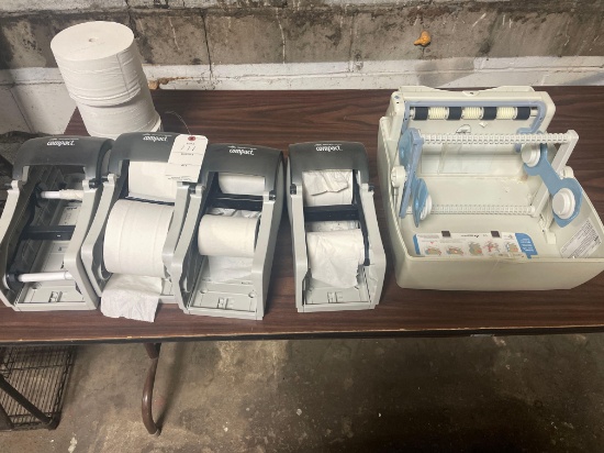 (4) paper toilet roll dispensers, and paper towel dispenser for parts