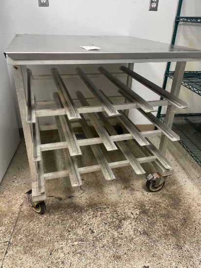33'' x 35'' x 35'' Half size mobile can rack with stainless steel table top No Shipping Available
