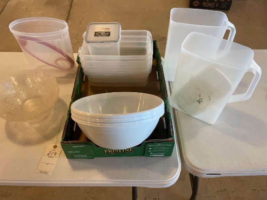 (4) 12" plastic salad bowls, (4) 10" plastic salad bowls, (3) plastic water pictures and (4) storage