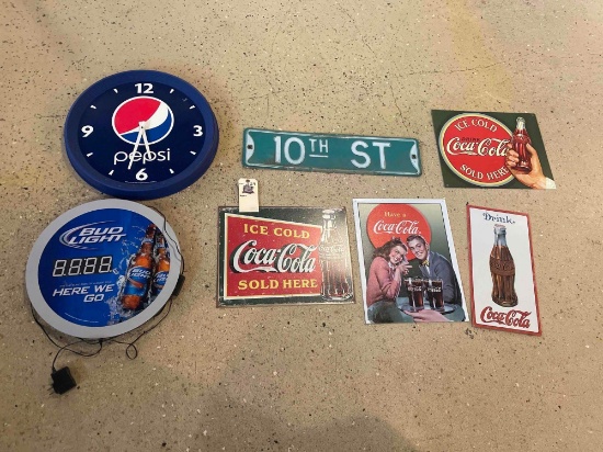 lighted 16" Bud Light sign, 18" battery operated Pepsi Clock, 24 " metal 10th St sign, 12" x 16"