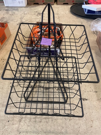 various extension cords, metal corner shelf