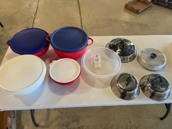 (3) 12" lidded plastic bowls (1) 9" lidded plastic bowl (4) stainless steel warming lids