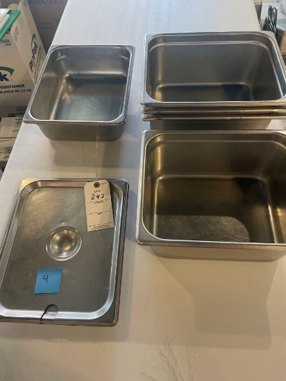 (5) 9.5" x 12" x 4" stainless steel food serving containers with 4 lids No shipping available