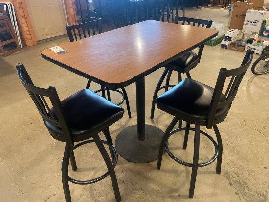 30'' x 40'' x 42'' high Metal pedestal laminate top table with 4 swivel bar chairs. A few wear spots