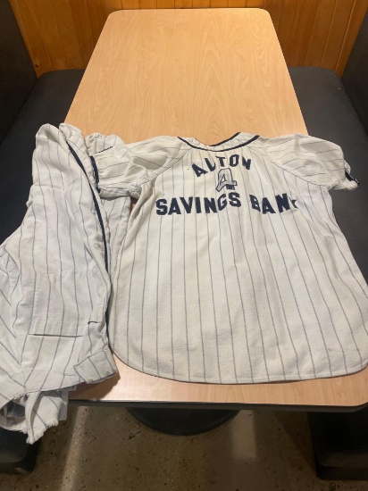 Alton Savings Bank baseball jersey and pants, size unknown, with a black and white photo of the