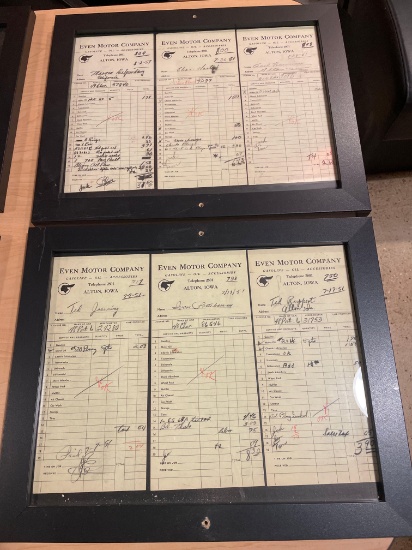 (2) Picture frames of EVEN Motor Company invoices dated 1951 to local clients No Shipping Available
