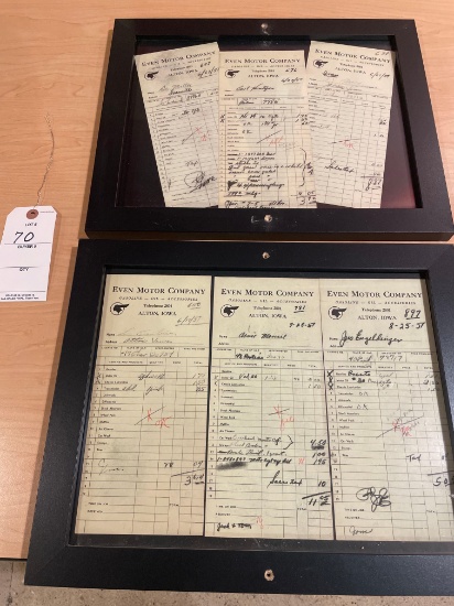 (2) Picture frames of EVEN Motor Company invoices dated 1951 to local clients No Shipping Available