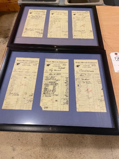 (2) Picture frames of EVEN Motor Company invoices dated 1951 to local clients No Shipping Available