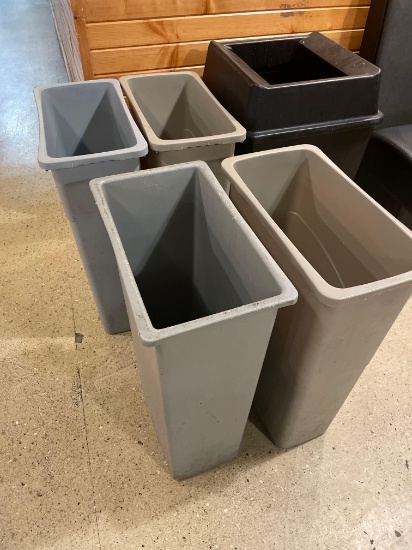 (4) Putty color waste baskets 10" wide x 30" tall, (1) black waste basket 20" wide x 33" tall No