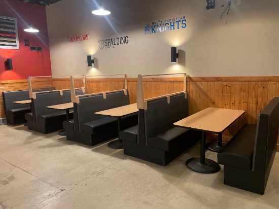 (4) 6-person vinyl booths with 30" x 72" double pedestal tables and 3 plexiglass dividers. Sold as 1