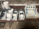 (4) paper toilet roll dispensers, and paper towel dispenser for parts