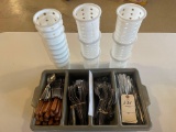 Silverware containers, (18) table spoons, (19) teaspoons, (37) steak knives, (140) butter knives,