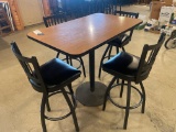 30'' x 40'' x 42'' high Metal pedestal laminate top table with 4 swivel bar chairs. A few wear spots