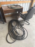 DESK, OFFICE CHAIR and GARDEN HOSE