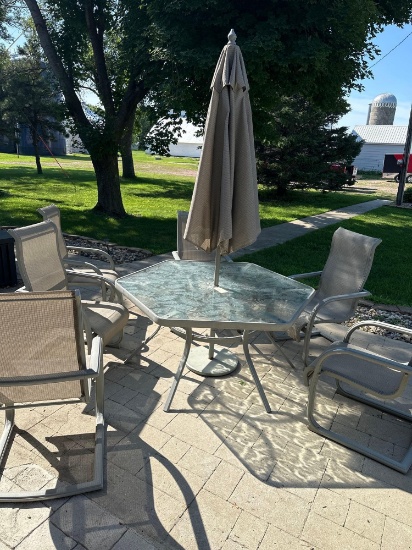 Patio table with umbrella, 6 chairs ...