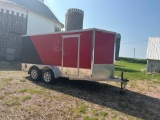 United Trailer, enclosed, 2 5/16's ball hitch, v-nose, tandem axle, lights, floor hooks, side and