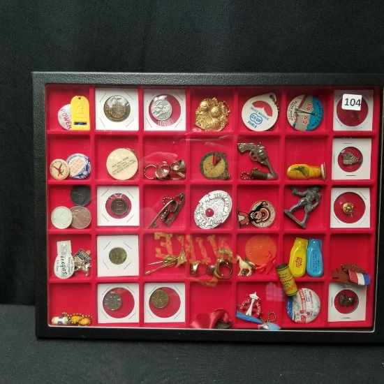 Assortment of Collectible Coins, Buttons, Rings, & more in Glass