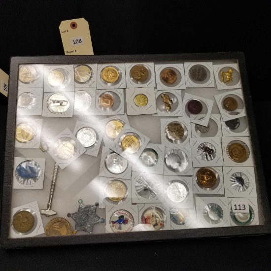 Assortment of Collectible Coins, Buttons, & more in glass display case