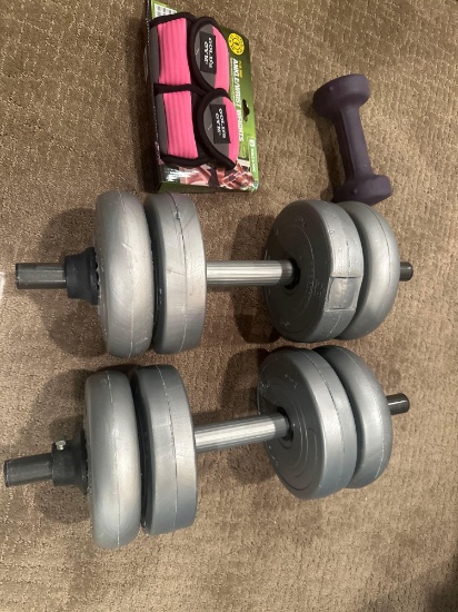 (2) 17.6 bar bells, (2) 5 lb. weights, and 3 pound ankle/wrist weights NO SHIPPING AVAILABLE!