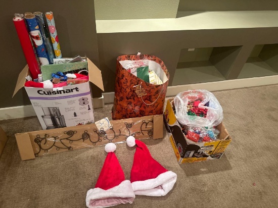 Lots of gift bags, ribbon, wrapping paper, Santa hats, and greeting card holder NO SHIPPING