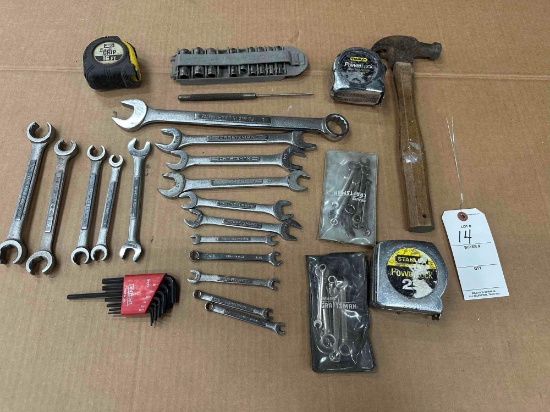 Various standard open and box end wrenches plus brake line wrenches and nut driver Metric sockets.