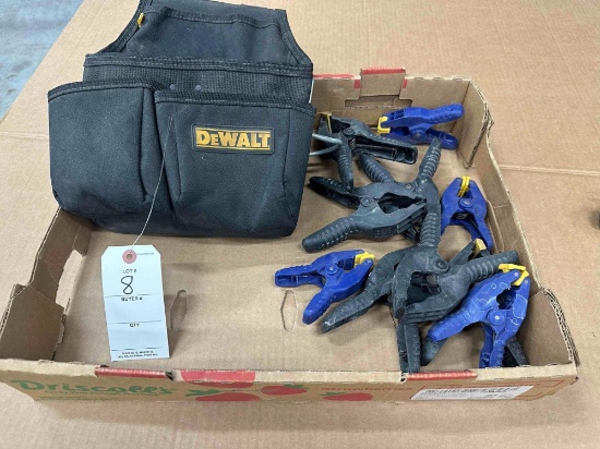 6 Quick grip clamps and others plus DeWalt carpenter belt tool bag