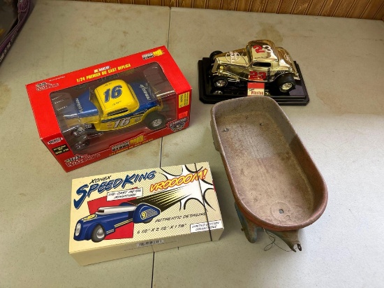 3 toy cars with vintage wagon