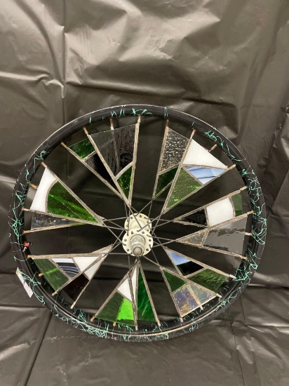 Green and White Stained Glass Wheel, 14.5'' Custom made by Karen Hixon