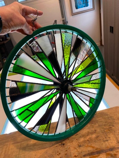 Green and White Stained Glass Wheel, 16.5'' Custom made by Karen Hixon