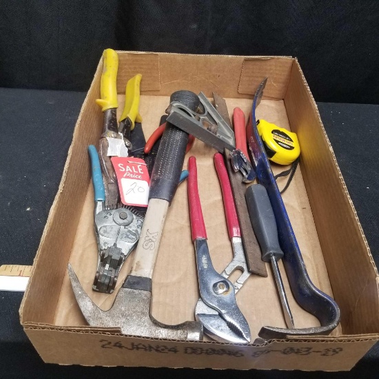 Assorted Tools:Claw Hamer, Wire Stripper, Tin Snips, Channel Lock and Pry Bar, Square & Tape Measure