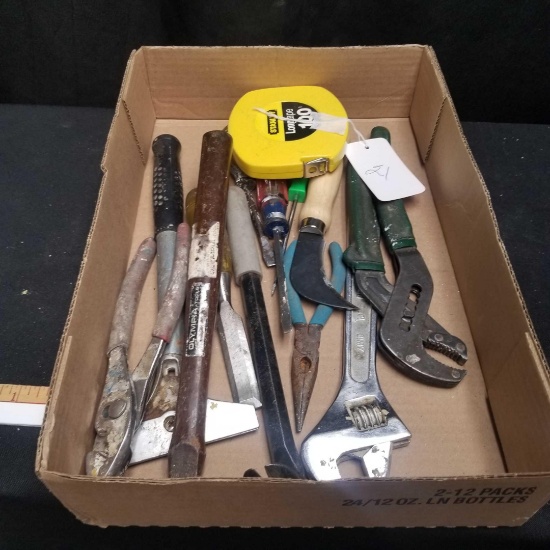 Assorted Tools: Pliers, Wood Chisel, Tack Hammer, Pry Bar, Adjustable Wrench,Pry Bar,