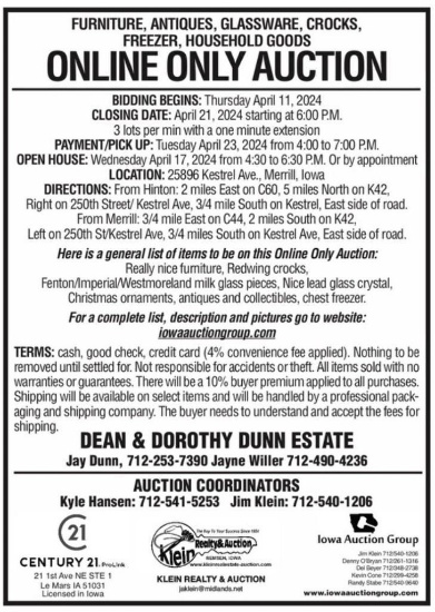 TERMS FOR AUCTION BIDDING OPENS: Thursday April 11, 2024 CLOSING DATE: April 21, 2024 starting at