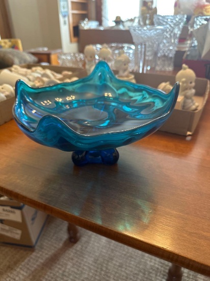 Vintage MCM Viking glass Epic four square Bluenique footed dish. Shipping