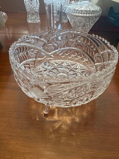 Vintage brilliant cut glass, 3 footed bowl, clear, crystal etched flower. Shipping.