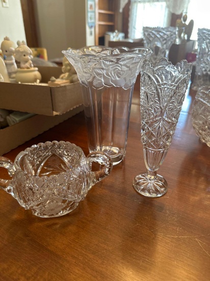Lead Crystal 2 handle dish, two flower vases. Shipping.