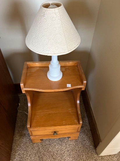 Lamp, night stand and foot stool.