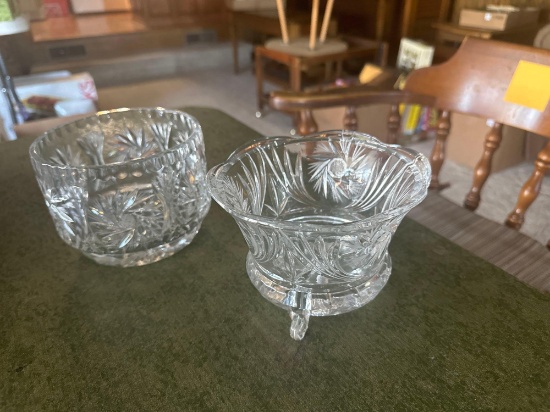 Vintage etched lead crystal three footed candy dish with Star and pinwheel design and vintage lead