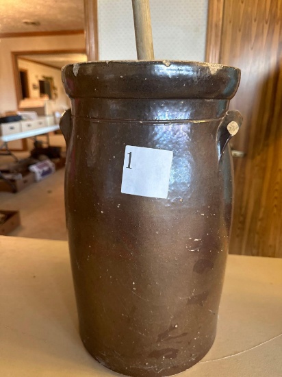 Antique brown 2 handle crock butter churn.... Slight chips