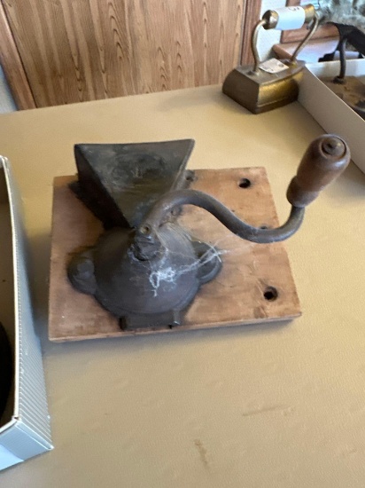 Antique wall mounted cast iron coffee grinder, sad irons.