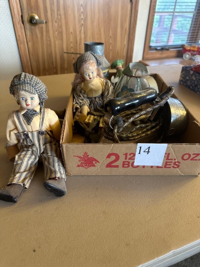 American Beauty Iron electric sad iron (heavy). boy and girl porcelain dolls, small sad iron...