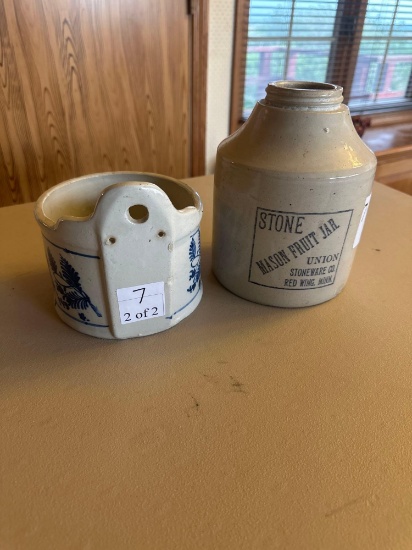 Vintage wall hanging salt box cellar with cobalt blue stencil.... Antique 1/2 gallon, Red Wing stone