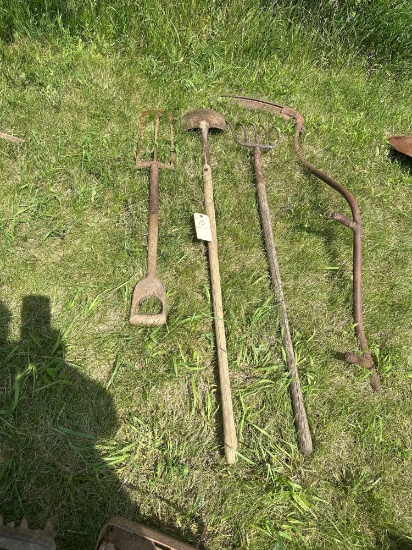 WOOD GRIP TILE SPADE, HAND SCYTHE, and HAY FORK