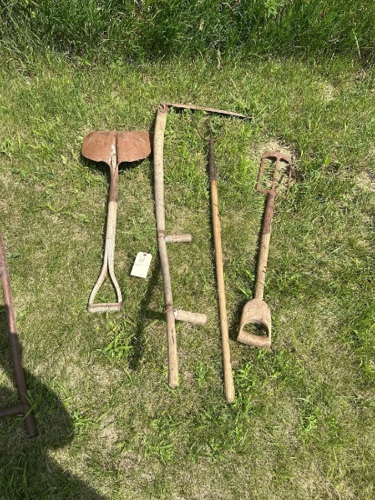 WOOD GRIP TILE SPADE, HAND SCYTHE, BUNDLE FORK, and SHOVEL
