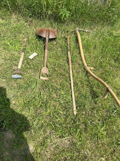 TILE SPADE, WOOD GRIP SHOVEL, HAND SCYTHE, and HAY FORK